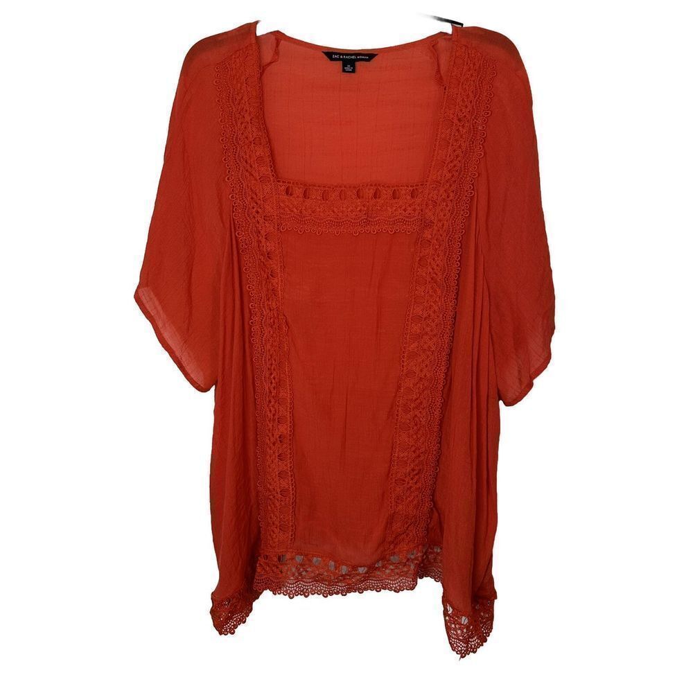 Zac & Rachel Top 3XL XXXL Red Boxy Lace Applique Lagenlook XXXL Semi Sh…